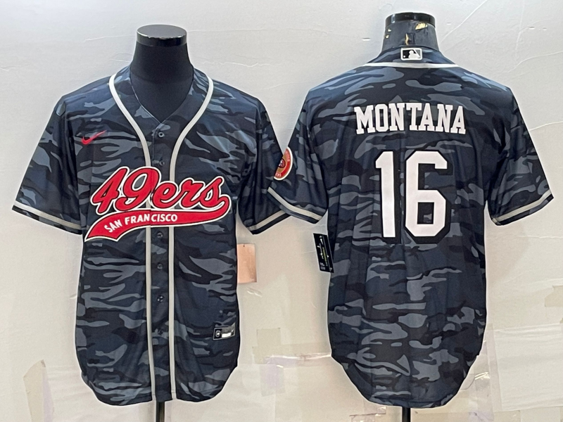 Men's San Francisco 49ers #16 Joe Montana Grey Camo With Patch Cool Base Stitched Baseball Jersey